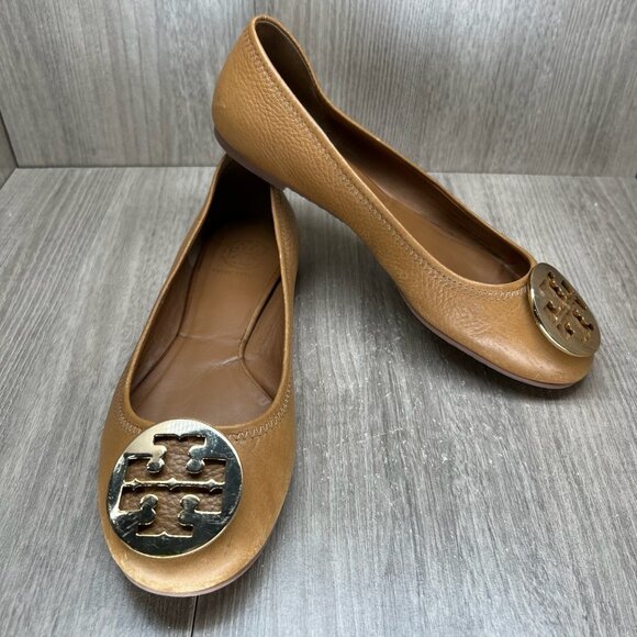 Tory Burch Reva Ballet Flats Womens 8.5M Gold Logo Slip On Pebbled Leather Brown - Picture 7 of 13